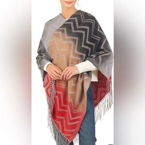 Chevron Patterned Poncho - Red, Gray, Tan